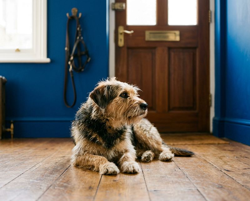 A scruffy terrier lying by the front door, waiting