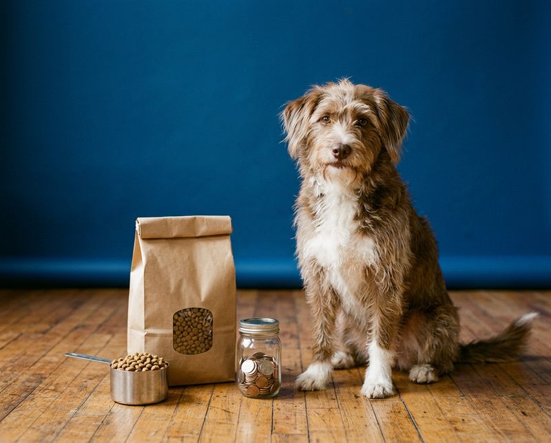 A shaggy dog sitting next to a bag of kibble, a measuring cup and a jar of coins