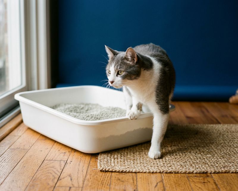 A grey and white cat stepping out of a large open litter box onto a woven mat